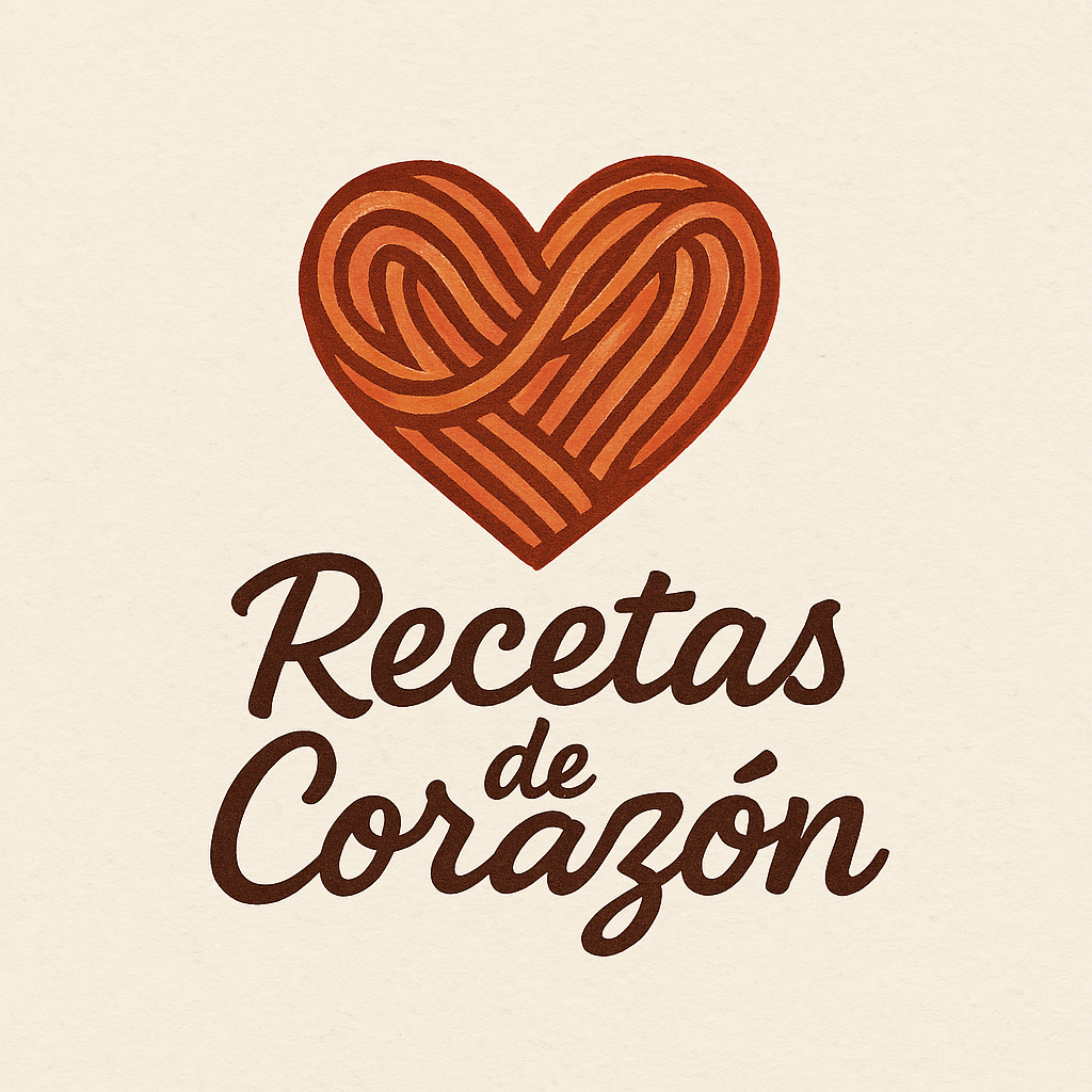 Logo artesanal de Recetas de Corazón con tipografía rústica y corazón en forma de espagueti